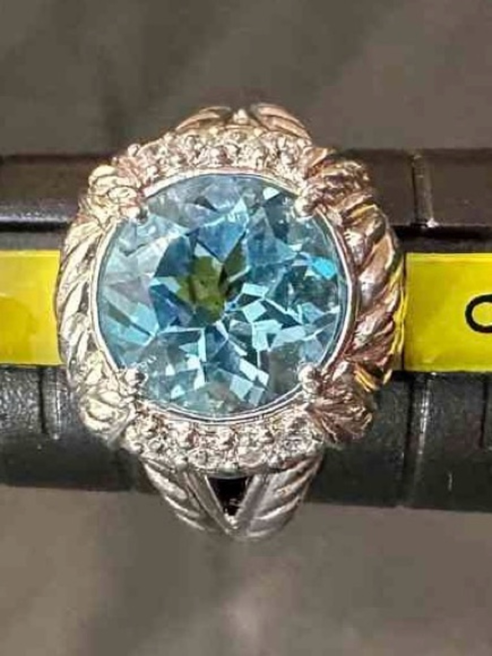 Judith Ripka Blue Topaz & CZ Sterling Silver Halo Rope-Detail Women's Ring S 8